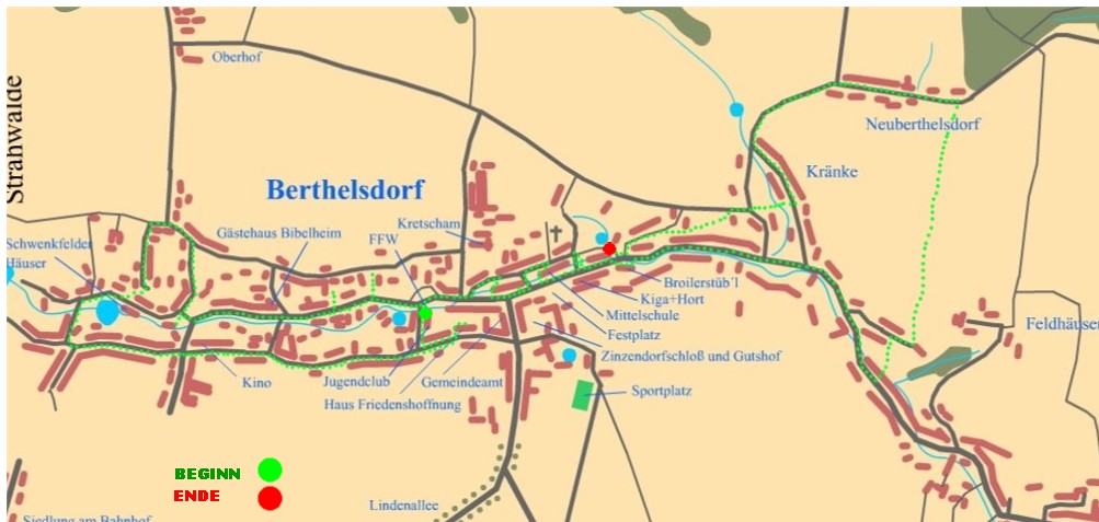 Historischer Ortsplan mit grün markierter Route des Osterblasens